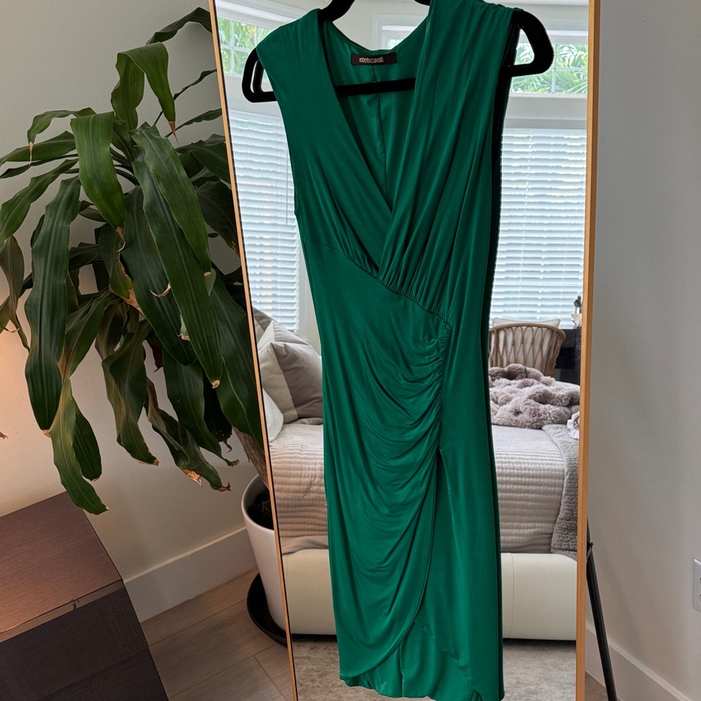 Roberto Cavalli Emerald Draped Midi Dress